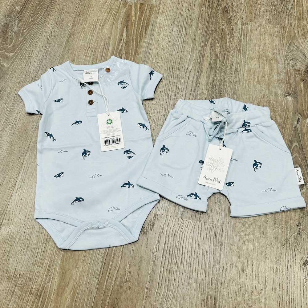 Aster & Oak Organic Cotton Orca Henley Bodysuit and Harem Shorts Set 12M 1Y NEW
